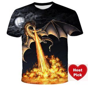 Men's Graphic Print T-Shirt Fire Breathing Dragon Crew Neck - Short Sleeve - Tee